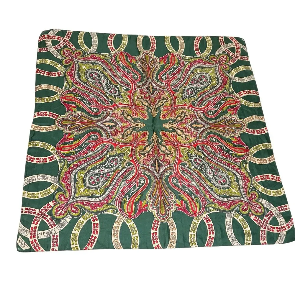 Liberty of London Green Red Cream Brocade Silk Scarf 27.25” Square